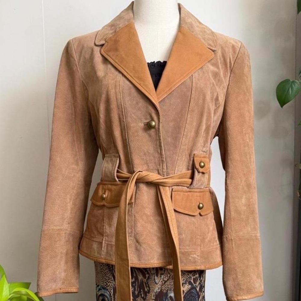 Bernardo Womens Tan Suede Belted Jacket Contrasting Collar Y2K Vintage Large